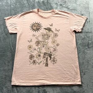 Full Tilt Womens Graphic T-Shirt Pink Skeleton Cowboy Sun Flowers Butterfly L
